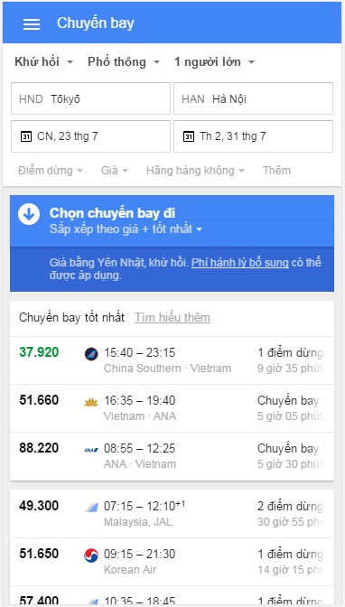 Tìm kiếm vé máy bay giá rẻ bằng google flight